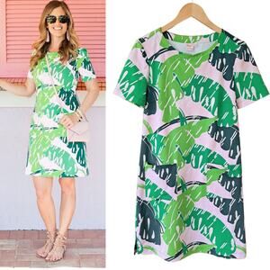 Persifor Carter Short Sleeve Dress Size XS Beverly Hills Banana Leaf Pink Green